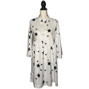 STAR Print‎ Dress White Black Printed Flowey Sleeves Tassle Tie Womens Small S